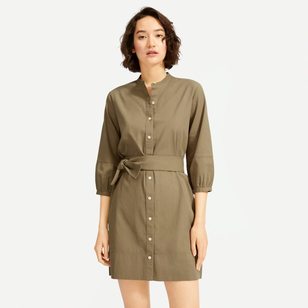 Everlane Cotton Weave Collarless Shirtdress in Covert Green size 00